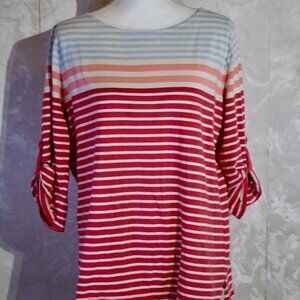 St. John's Bay Women's XL Multi-Color Striped Roll-Tab Sleeve Crew Neck Top